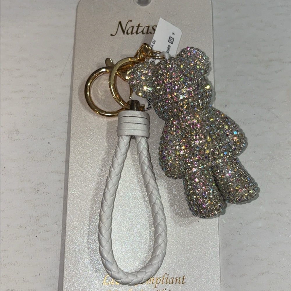 Natasha Couture White Braided Loop Keychain with Glitter Teddy Charm